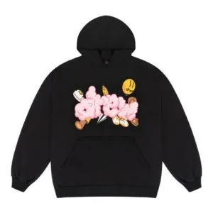 Black Floral Doodle Graphic Pullover Hoodie